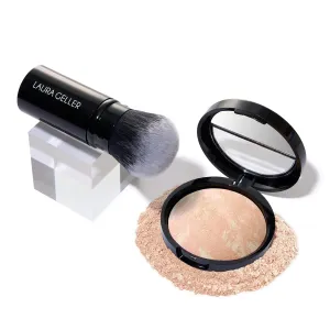 LAURA GELLER NEW YORK Get Glowing Kit (2pc): Baked Balance-n-Glow Illuminating Powder Foundation, Porcelain   Airbrush Kabuki Makeup Brush
