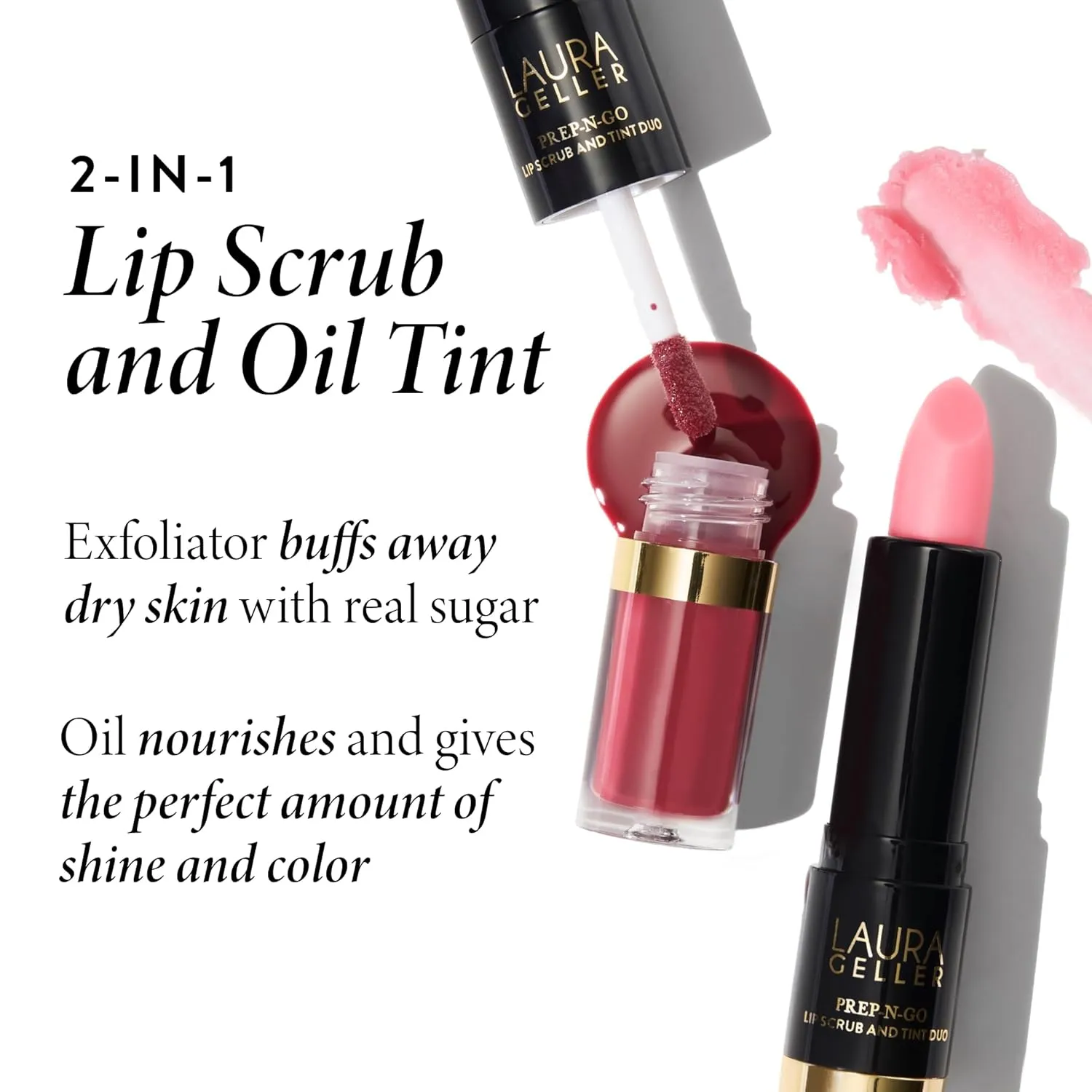 LAURA GELLER NEW YORK Prep-n-Go 2-in-1 Lip Scrub and Lip Oil Tint, Lip Hydrating Oil and Exfoliator, Finish Line