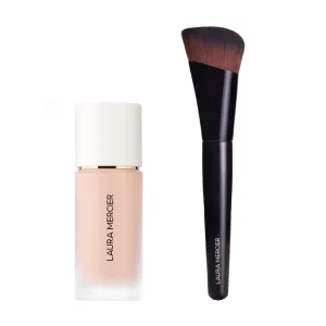 Laura Mercier Real Flawless Weightless Perfecting Waterproof Liquid Foundation: Medium-Buildable Coverage, 12 HR Fade-Proof Wear, Hydrating, Non-Comedogenic, 1C1 Cool Vanille   Foundation Brush Bundle