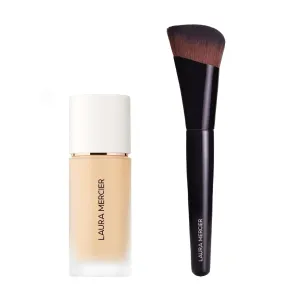 Laura Mercier Real Flawless Weightless Perfecting Waterproof Liquid Foundation: Medium-Buildable Coverage, 12 HR Fade-Proof Wear, Hydrating, Non-Comedogenic, 2W1 Macadamia   Foundation Brush Bundle