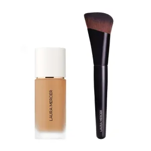 Laura Mercier Real Flawless Weightless Perfecting Waterproof Liquid Foundation: Medium-Buildable Coverage, 12 HR Fade-Proof Wear, Hydrating, Non-Comedogenic, 4W1 Suntan   Foundation Brush Bundle