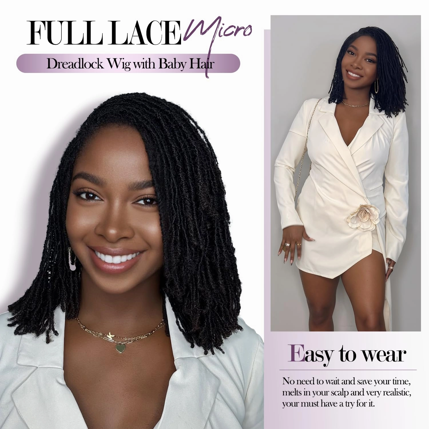 Lday Hanne Micro Dreadlock Full Lace Wigs for Black Women Short Faux Locs Lace Frontal Wigs With Baby Hair Knotless Twist Dreadlock Synthetic Black Hair 14Inch