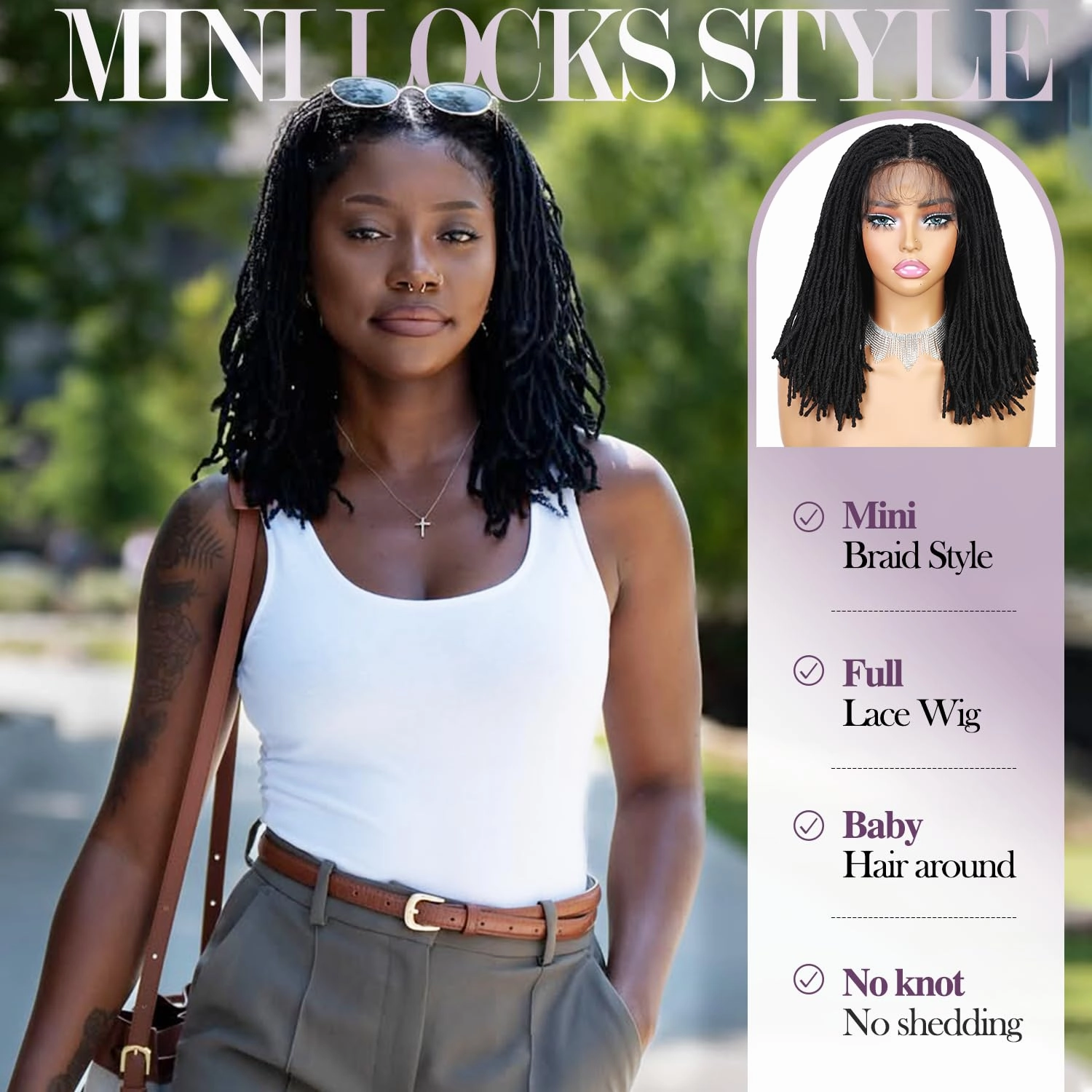 Lday Hanne Micro Dreadlock Full Lace Wigs for Black Women Short Faux Locs Lace Frontal Wigs With Baby Hair Knotless Twist Dreadlock Synthetic Black Hair 14Inch