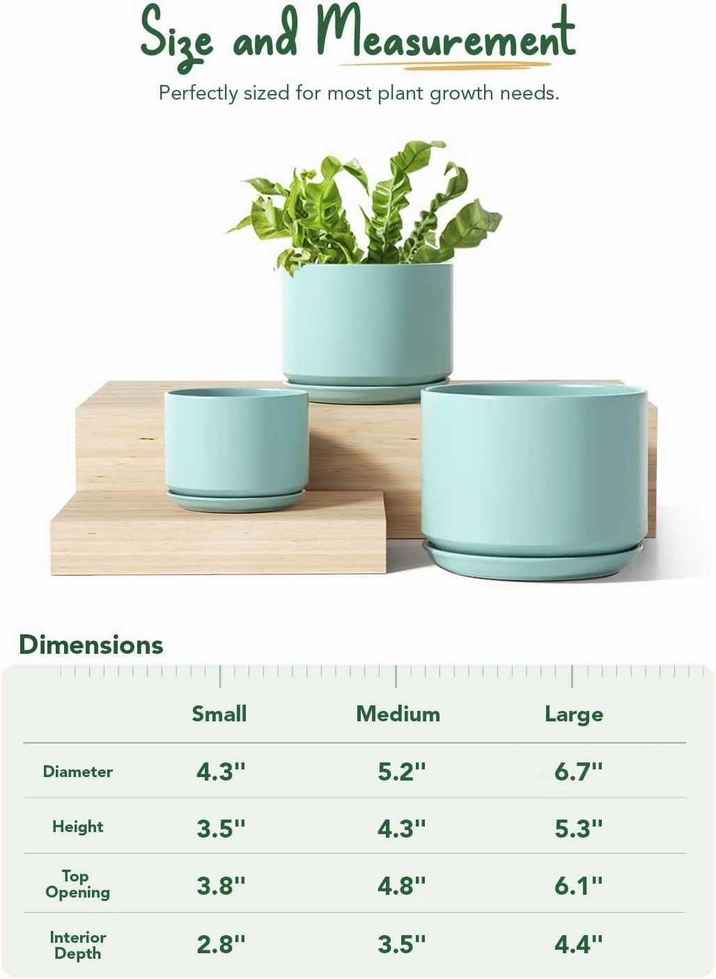 LE TAUCI Ceramic Plant Pots, 4.3 5.3 6.8 inch, Set of 3, Planters with Drainage Hole and Saucer, Indoor Flower Pot with Hole Mesh Pad, Gifts for Mom, Aqua