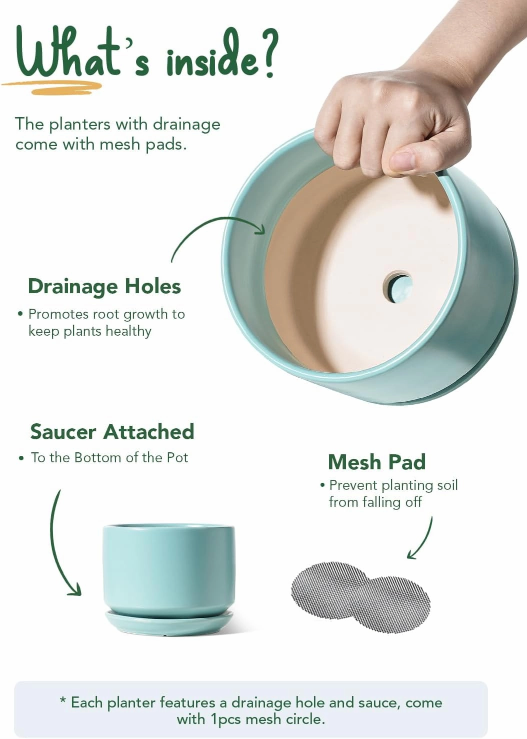 LE TAUCI Ceramic Plant Pots, 4.3 5.3 6.8 inch, Set of 3, Planters with Drainage Hole and Saucer, Indoor Flower Pot with Hole Mesh Pad, Gifts for Mom, Aqua