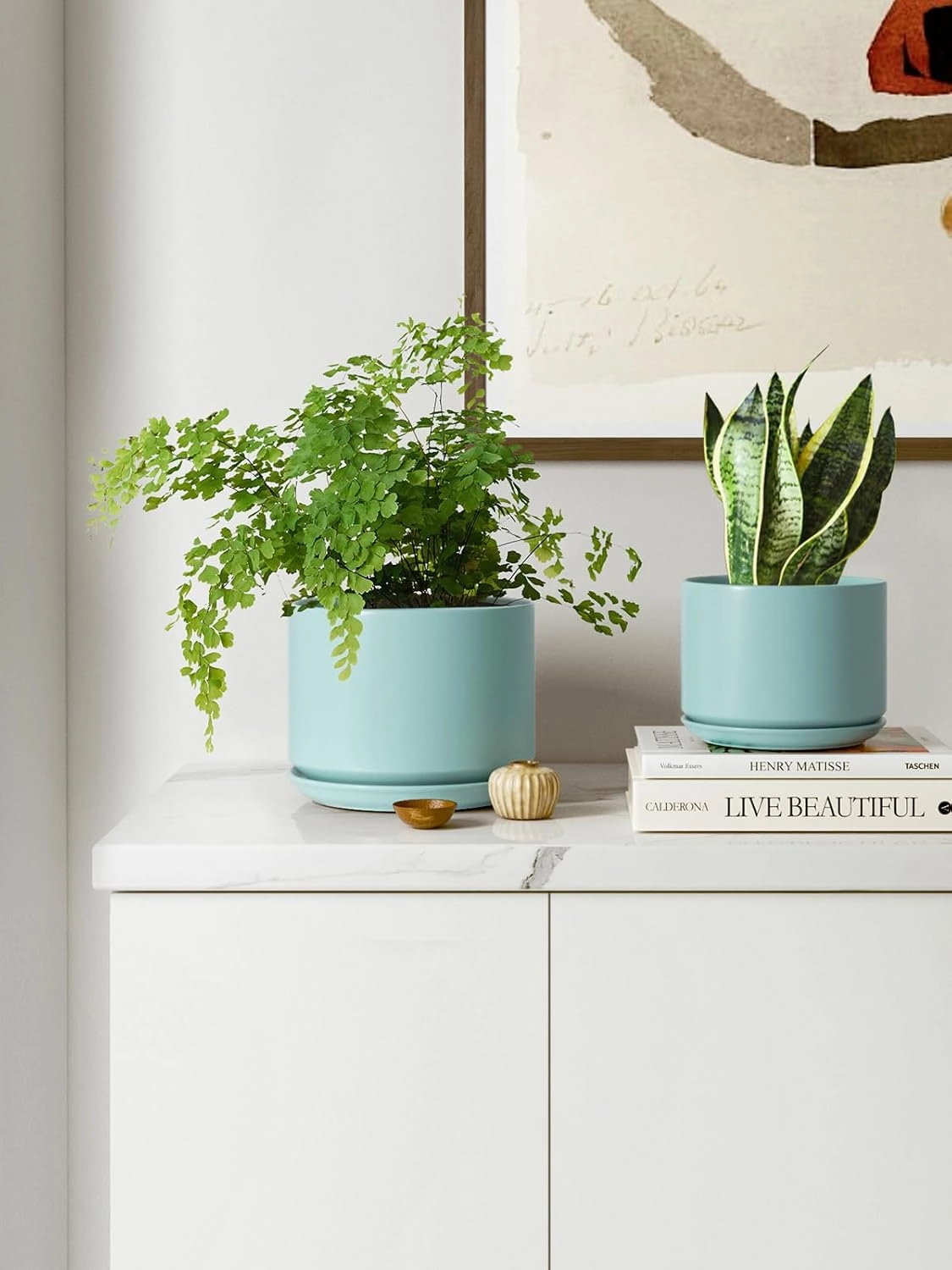 LE TAUCI Ceramic Plant Pots, 4.3 5.3 6.8 inch, Set of 3, Planters with Drainage Hole and Saucer, Indoor Flower Pot with Hole Mesh Pad, Gifts for Mom, Aqua
