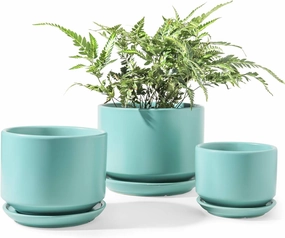 LE TAUCI Ceramic Plant Pots, 4.3 5.3 6.8 inch, Set of 3, Planters with Drainage Hole and Saucer, Indoor Flower Pot with Hole Mesh Pad, Gifts for Mom, Aqua