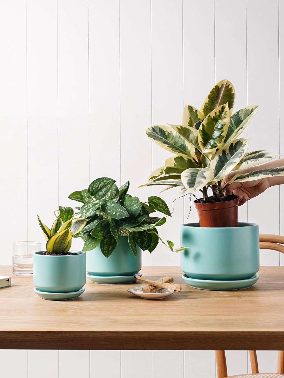 LE TAUCI Ceramic Plant Pots, 4.3 5.3 6.8 inch, Set of 3, Planters with Drainage Hole and Saucer, Indoor Flower Pot with Hole Mesh Pad, Gifts for Mom, Aqua