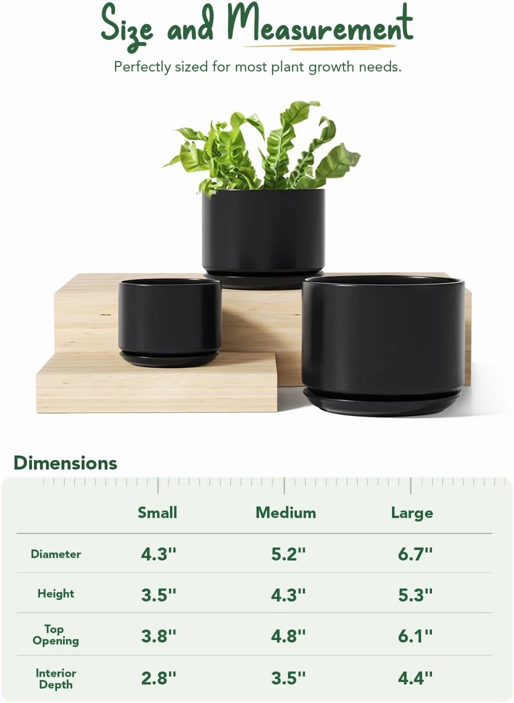 LE TAUCI Ceramic Plant Pots, 4.3 5.3 6.8 inch, Set of 3, Planters with Drainage Hole and Saucer, Indoor Flower Pot with Hole Mesh Pad, Gifts for Mom, Black
