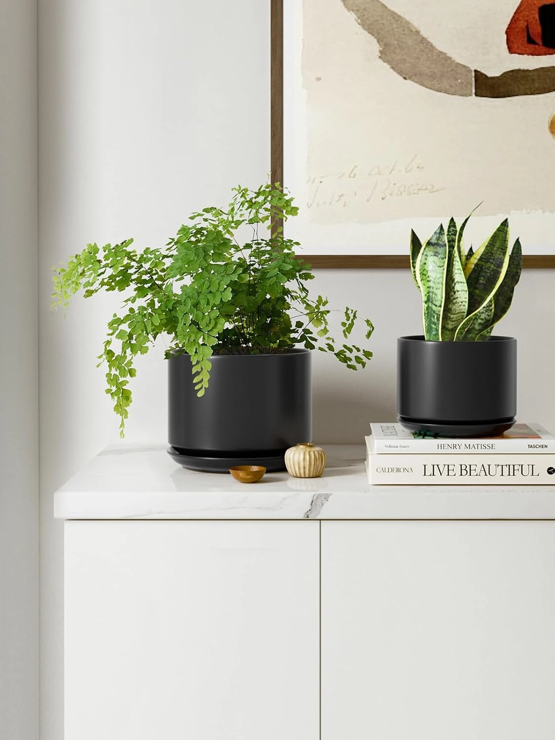 LE TAUCI Ceramic Plant Pots, 4.3 5.3 6.8 inch, Set of 3, Planters with Drainage Hole and Saucer, Indoor Flower Pot with Hole Mesh Pad, Gifts for Mom, Black