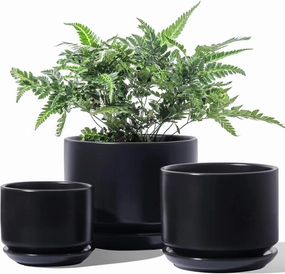 LE TAUCI Ceramic Plant Pots, 4.3 5.3 6.8 inch, Set of 3, Planters with Drainage Hole and Saucer, Indoor Flower Pot with Hole Mesh Pad, Gifts for Mom, Black
