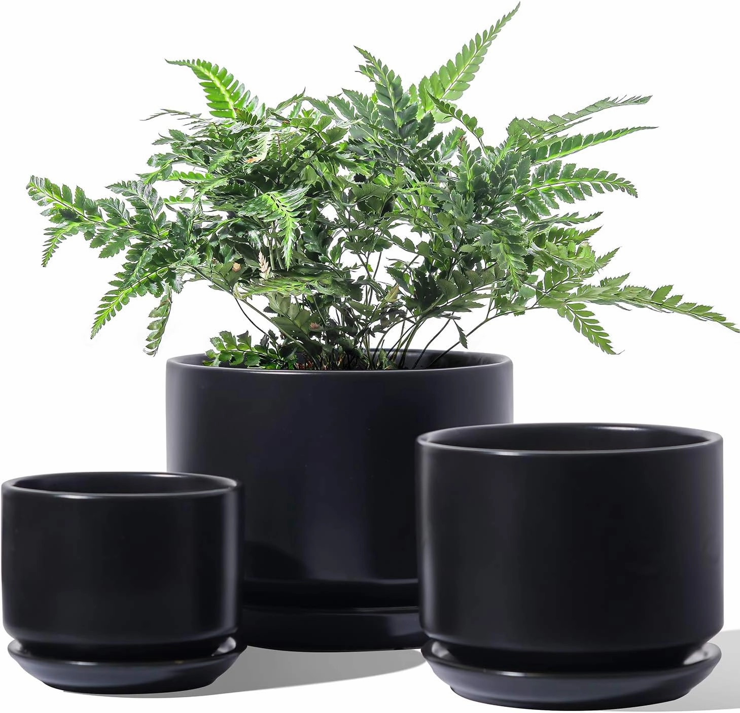 LE TAUCI Ceramic Plant Pots, 4.3 5.3 6.8 inch, Set of 3, Planters with Drainage Hole and Saucer, Indoor Flower Pot with Hole Mesh Pad, Gifts for Mom, Black