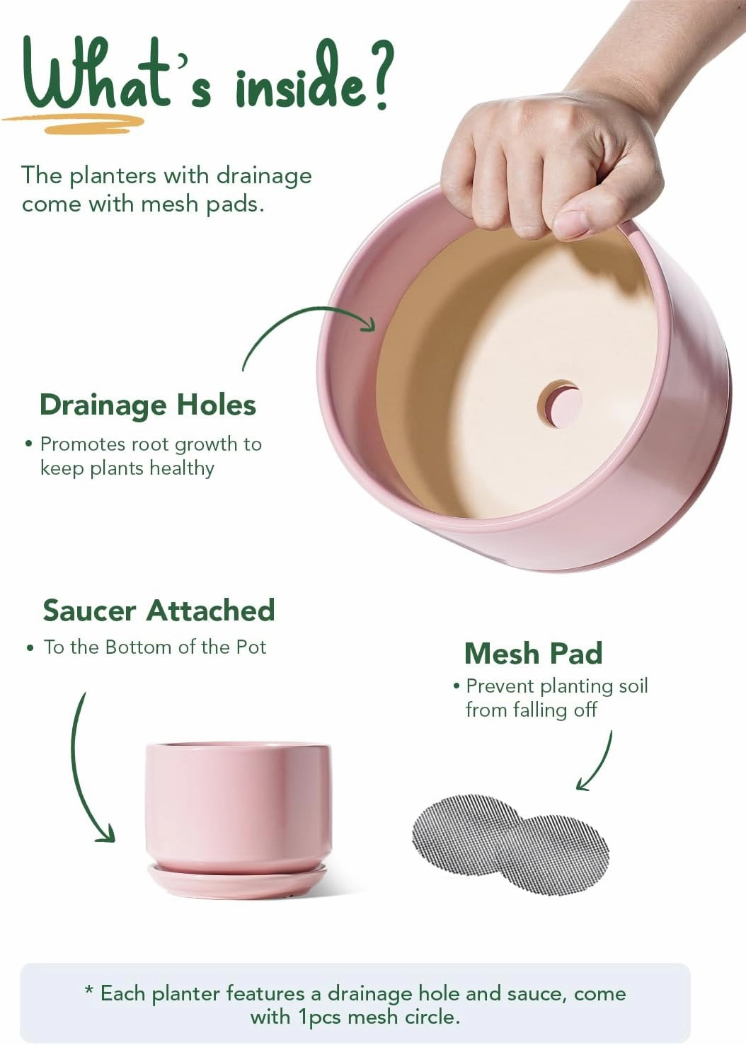 LE TAUCI Ceramic Plant Pots, 4.3 5.3 6.8 inch, Set of 3, Planters with Drainage Hole and Saucer, Indoor Flower Pot with Hole Mesh Pad, Gifts for Mom, Pink