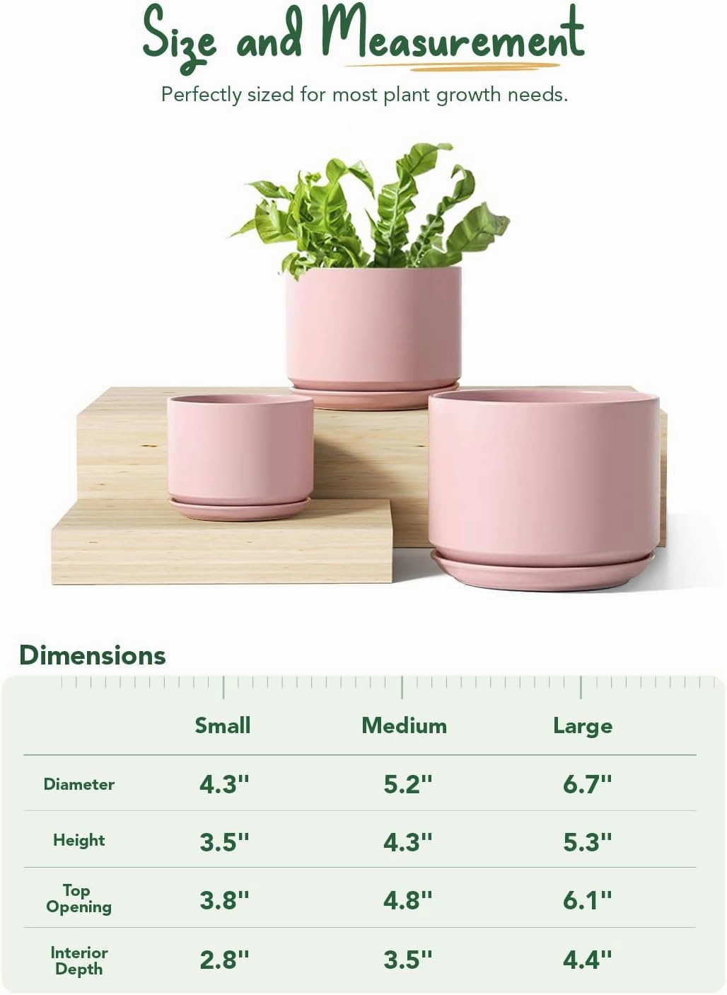 LE TAUCI Ceramic Plant Pots, 4.3 5.3 6.8 inch, Set of 3, Planters with Drainage Hole and Saucer, Indoor Flower Pot with Hole Mesh Pad, Gifts for Mom, Pink