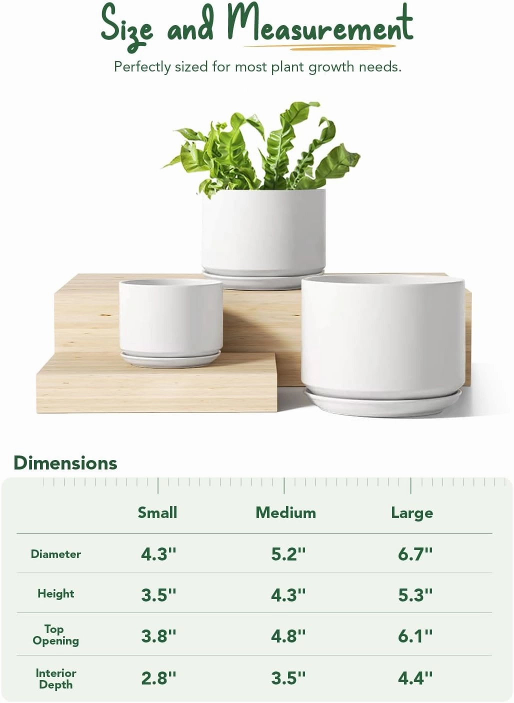 LE TAUCI Ceramic Plant Pots, 4.3 5.3 6.8 inch, Set of 3, Planters with Drainage Hole and Saucer, Indoor Flower Pot with Hole Mesh Pad, Gifts for Mom, White