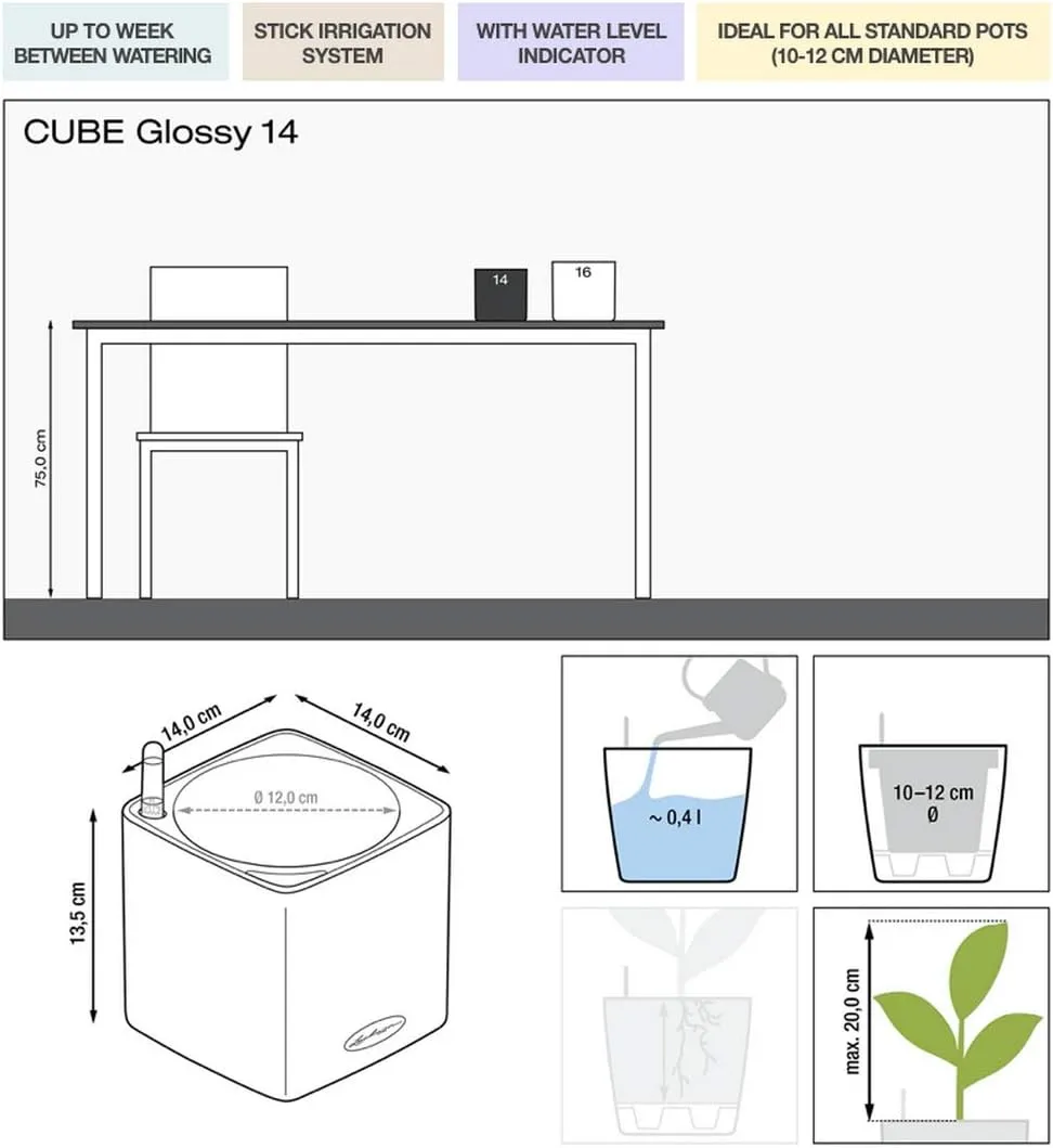 Lechuza 13512 Cube Glossy 14 Self-Watering Planter for Indoor and Outdoor Use, 6" x 6" x 5", Scarlet Red
