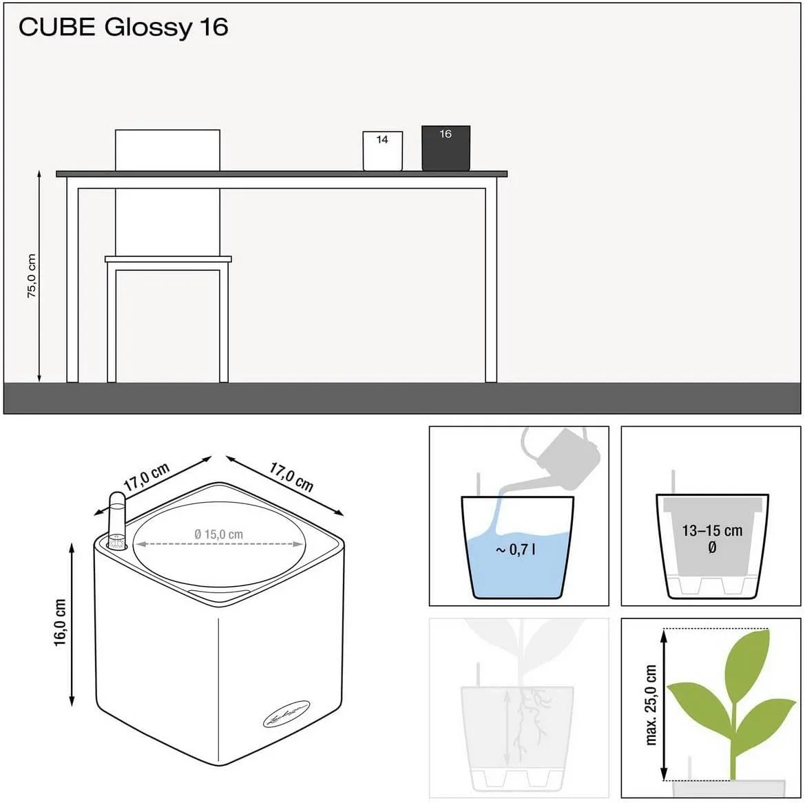 Lechuza 13522 Cube Glossy 16 Self-Watering Planter for Indoor and Outdoor Use, 7" x 7" x 6", Scarlet Red