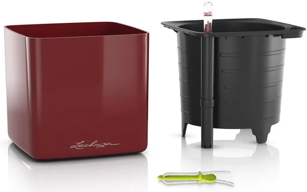 Lechuza 13522 Cube Glossy 16 Self-Watering Planter for Indoor and Outdoor Use, 7" x 7" x 6", Scarlet Red