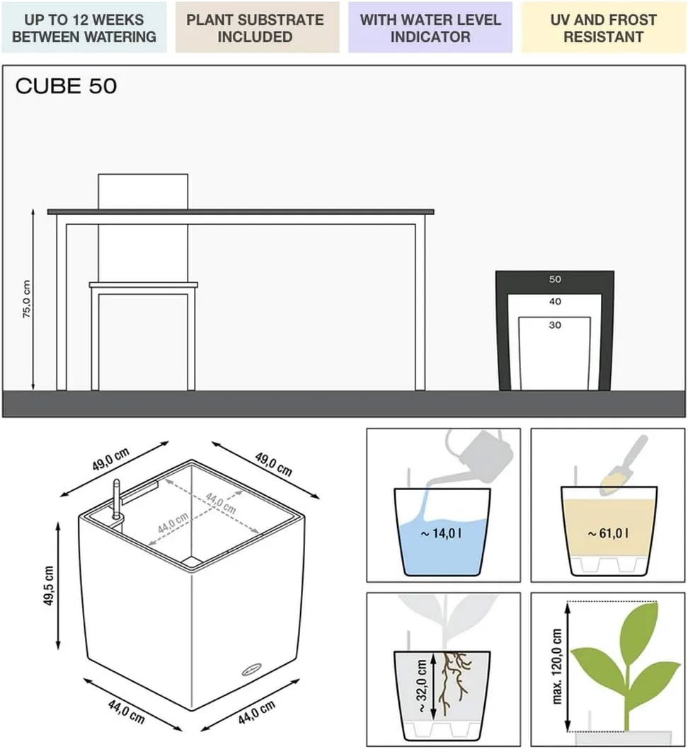 Lechuza Cube 50 Large Flower Indoor/Outdoor Garden Floor Self-Watering Planter with Drainage Hole with Plant Substrate Contemporary Poly-Resin H50 L50 W50 cm Red 13 Kg