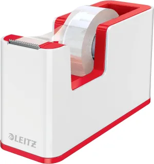 Leitz Wow Tape Dispenser, Heavy Base and Includes a Roll of Tape, Desk Sellotape Dispenser, White/Red, 53641026