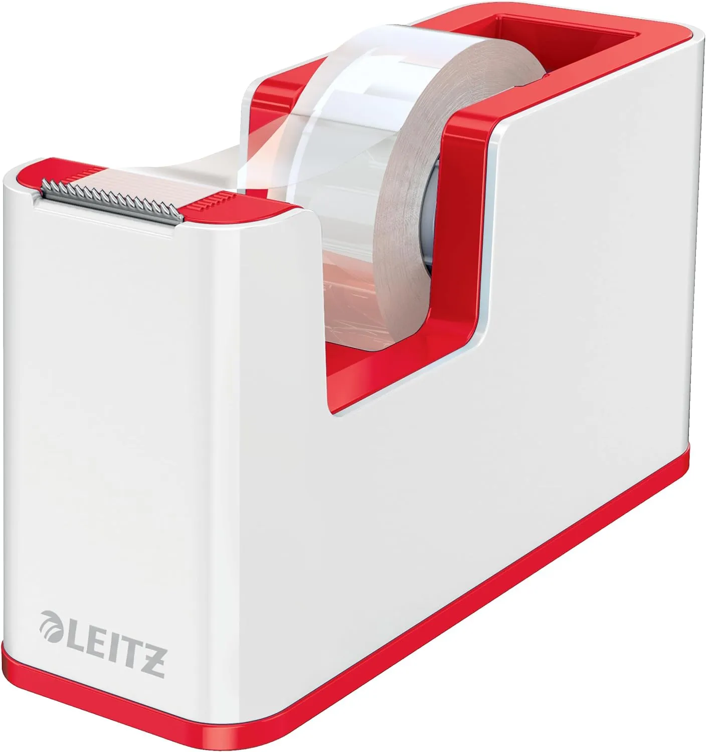 Leitz Wow Tape Dispenser, Heavy Base and Includes a Roll of Tape, Desk Sellotape Dispenser, White/Red, 53641026