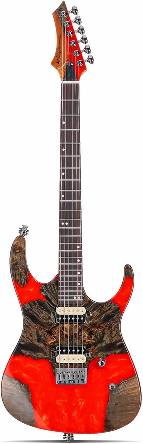 Leo Jaymz Electric Guitar Monsoon Deluxe Series, Reverse Headstock, Burl Top, Mahogany Body, Roasted Maple Neck, Rosewood Fretboard, Case and Capo (Red)