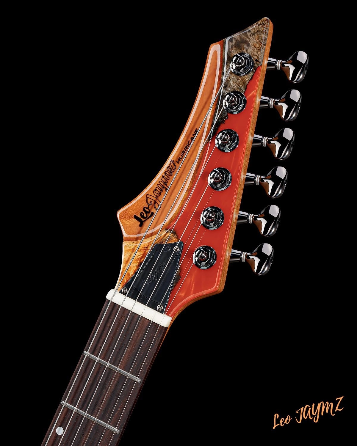 Leo Jaymz Electric Guitar Monsoon Deluxe Series, Reverse Headstock, Burl Top, Mahogany Body, Roasted Maple Neck, Rosewood Fretboard, Case and Capo (Red)