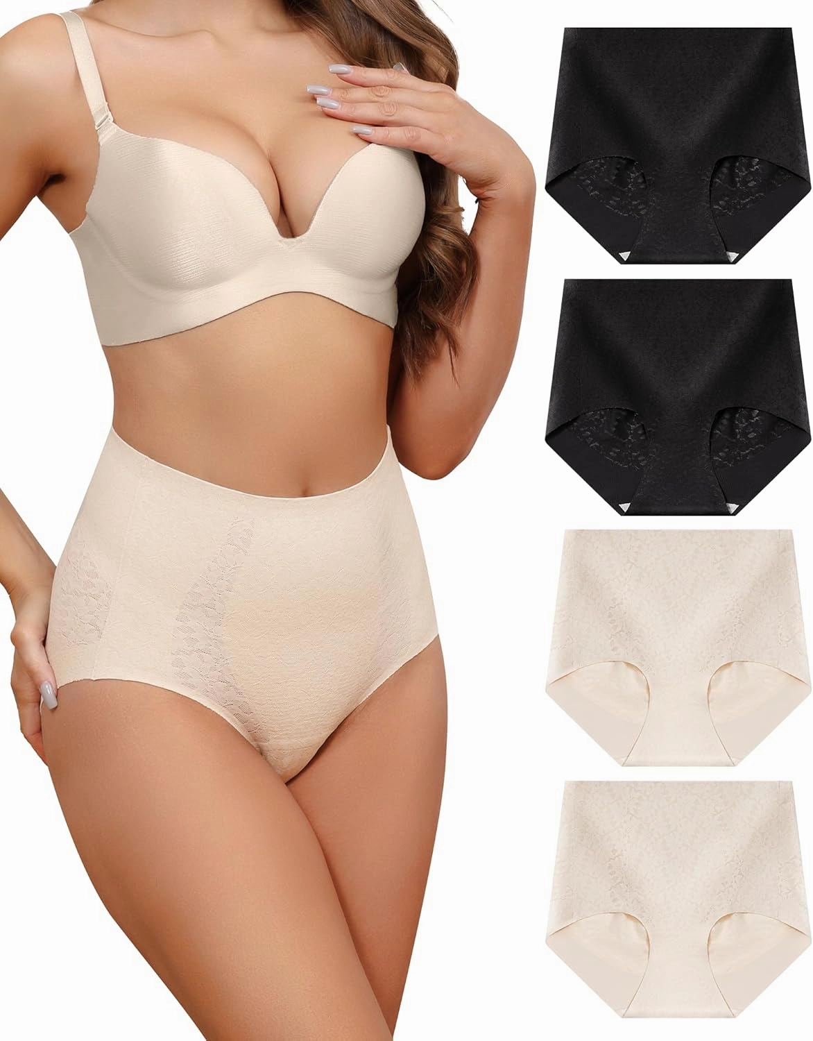 LEVAO Womens High Waisted Seamless Underwear Lace Stretch No Show Tummy Control Panties Full Coverage Briefs S-2XL