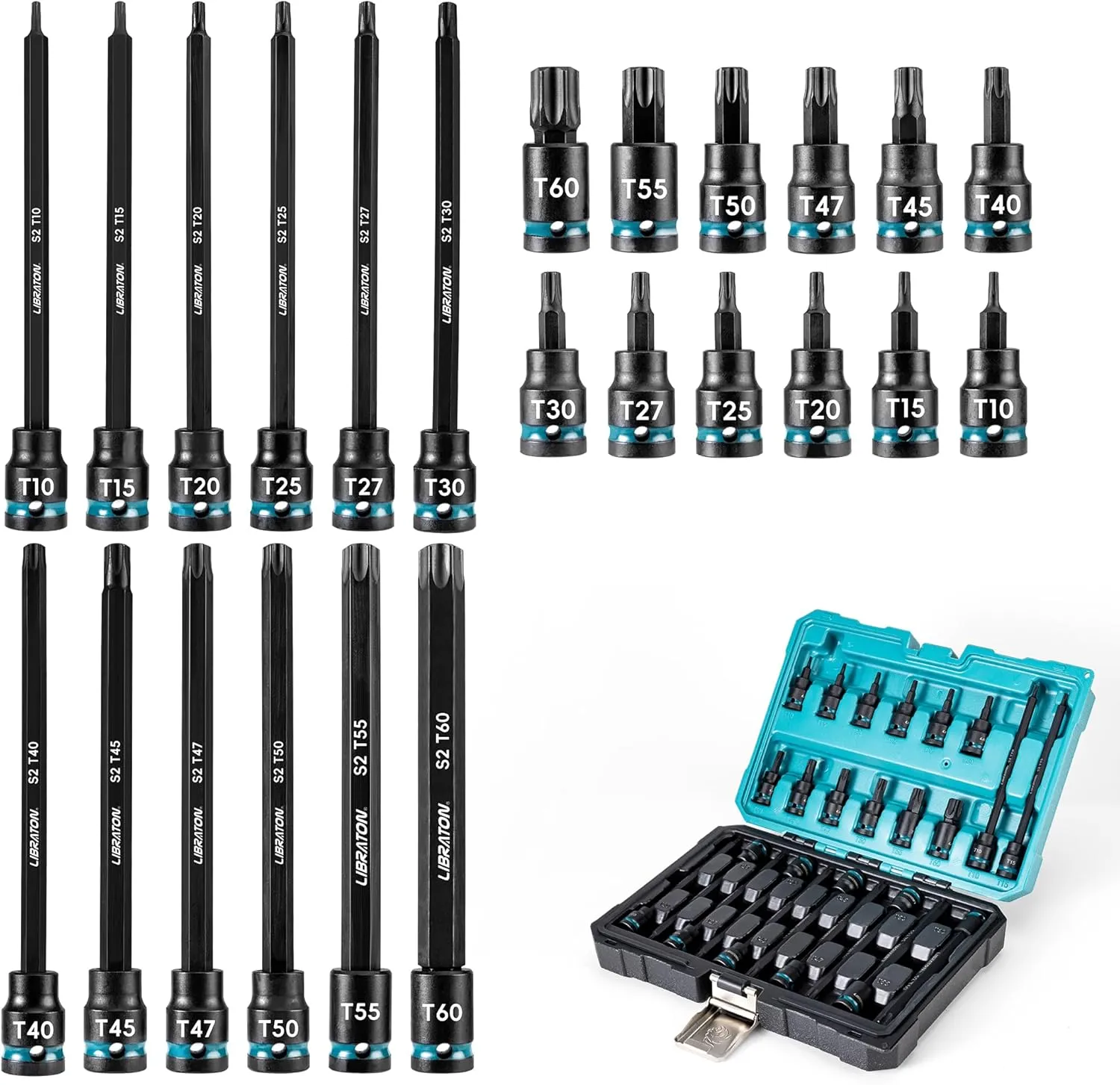 LIBRATON 3/8" Drive Impact Torx Bit Socket Set, Extra Long Torx Socket, S2 Alloy Steel Star Bit Sockets, 24PCS Torx Bit Set, Impact Torx Bit Set, T10-T60, 2in&6in Long Torx Bit Set, Blow Molded Box