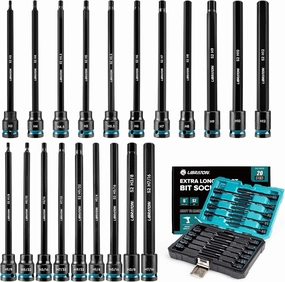 LIBRATON 3/8" Drive Long Impact Hex Bit Socket Set, Allen Bit Sockets, S2 Steel Hex Head Sockets, 20PCS Allen Wrench Socket, SAE&Metric Allen Bit Socket Set, 6" Long Allen Key Socket, Blow Molded Box