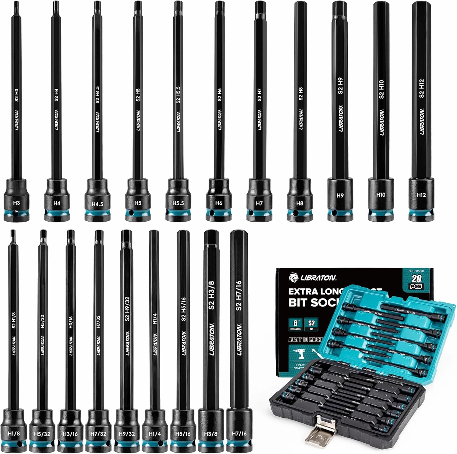 LIBRATON 3/8" Drive Long Impact Hex Bit Socket Set, Allen Bit Sockets, S2 Steel Hex Head Sockets, 20PCS Allen Wrench Socket, SAE&Metric Allen Bit Socket Set, 6" Long Allen Key Socket, Blow Molded Box