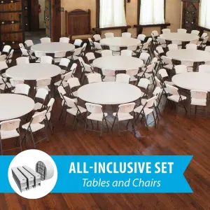 Lifetime 80583 Bulk White Granite Plastic Table and Chairs Package Includes 12 72 Inch Round Folding Tables, and 120 Commercial Grade Folding Chairs