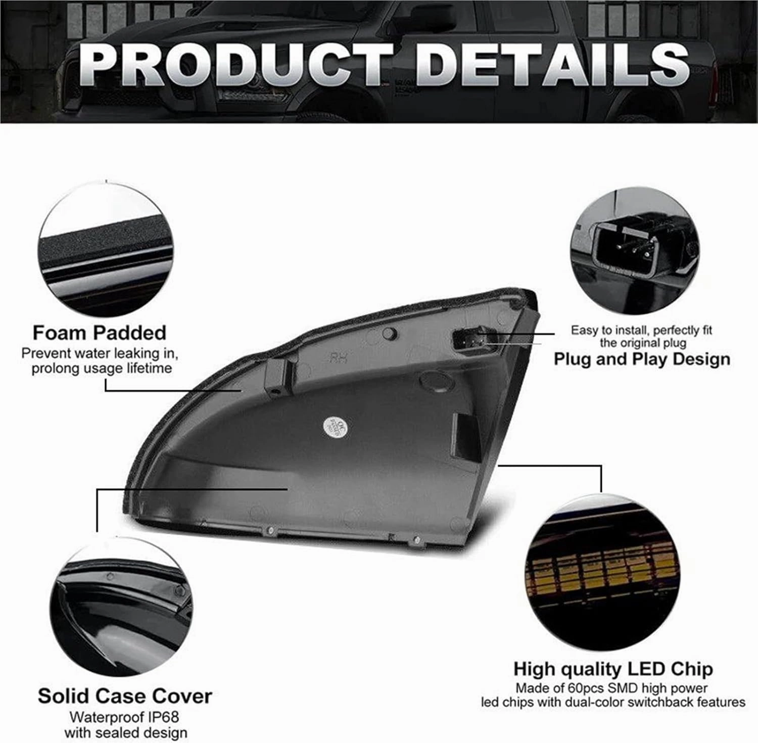 Light Wing Mirror 2pc Dynamic Indicator Blinker Light Rear View Mirror Turn Signal Light for Dodge Ram 1500 2500 2009-2018 White LED Parking Light Turn Signal Light