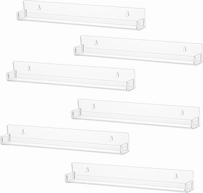 LikeU 6 PCS Clear Acrylic Floating Shelves Book Shelf Display Ledge,5 MM Thick Wall Mounted Storage Shelf for Nursery Decor,Invisible Kids Bookshelf and Small Toy Storage,15 Inch