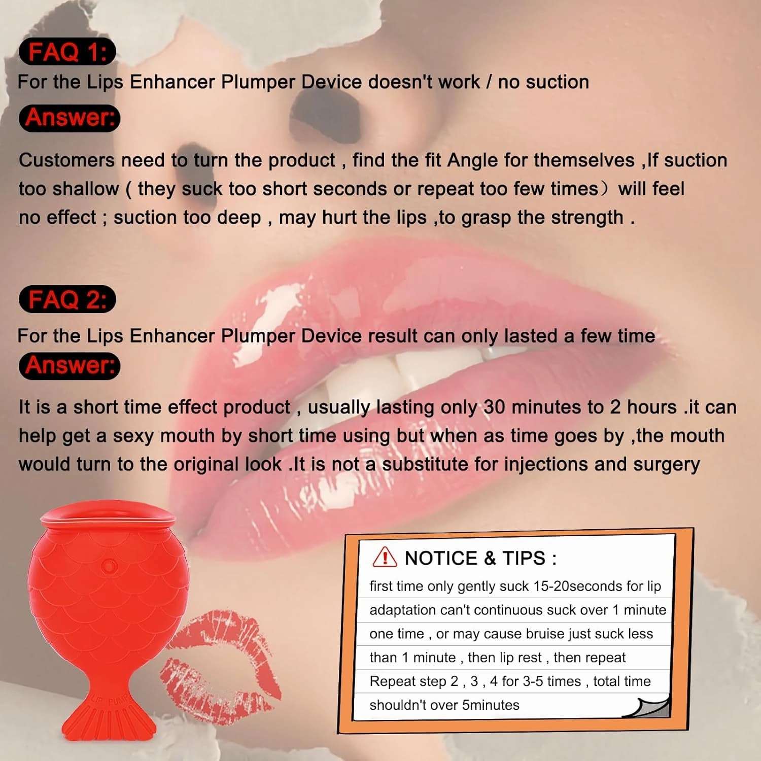 Lip Pump Lip Plumper Lip Enhancer，Soft Silicone Fish Shape Lips Enhancer,Fuller Thicker Mouth Fastly Lip Pumps Bigger Device for Women Female (RED)