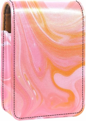 Lipstick Case,Leather Lip Gloss Lipstick Organizer with Mirror,Mini Lipstick Holder Bag,Abstract Texture Watercolor Orange