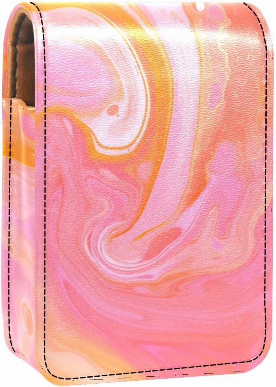 Lipstick Case,Leather Lip Gloss Lipstick Organizer with Mirror,Mini Lipstick Holder Bag,Abstract Texture Watercolor Orange