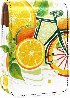 Lipstick Case,Leather Lip Gloss Lipstick Organizer with Mirror,Mini Lipstick Holder Bag,Bike Wheels Lemon and Orange
