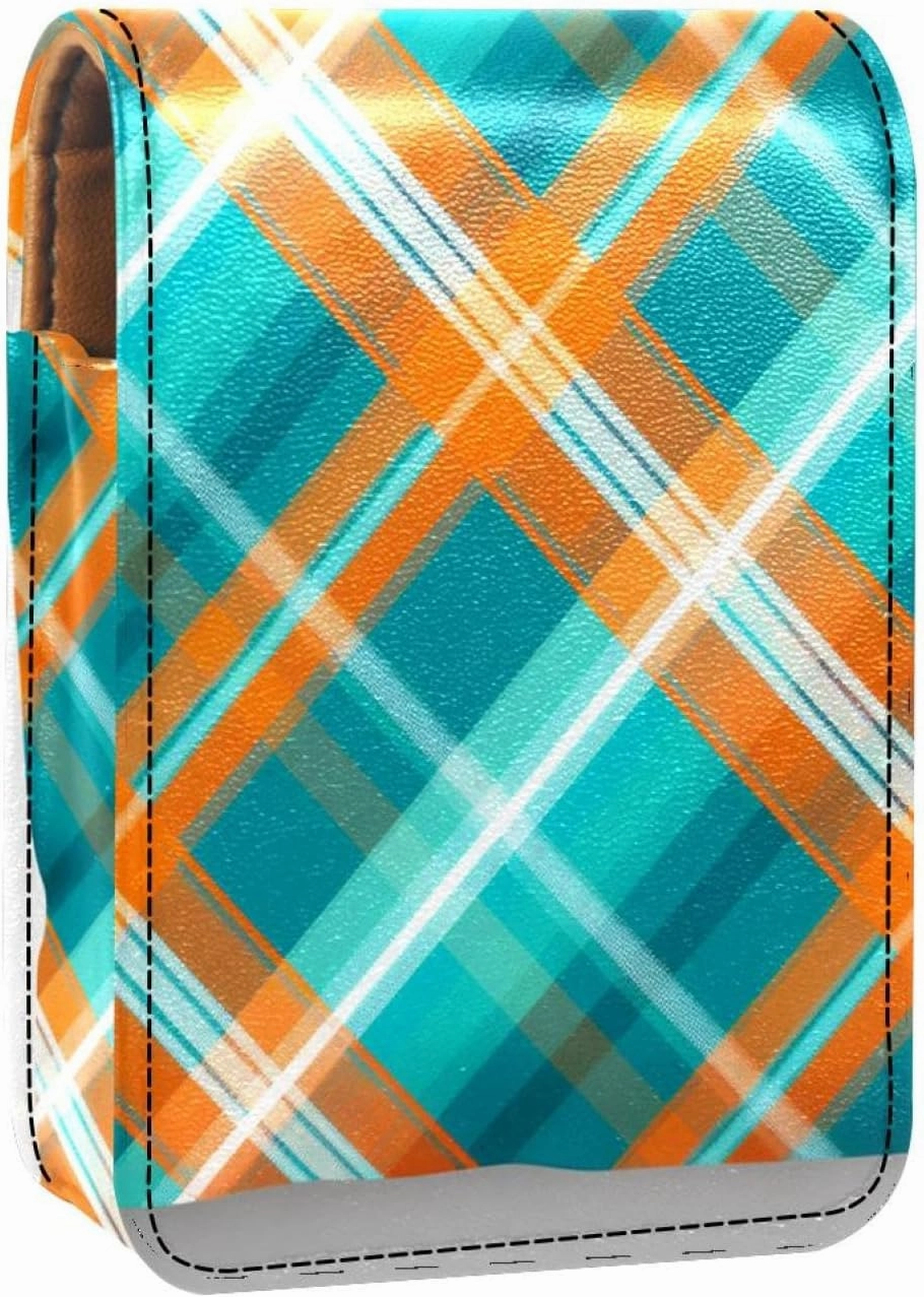 Lipstick Case,Leather Lip Gloss Lipstick Organizer with Mirror,Mini Lipstick Holder Bag,Blue and Orange Plaid