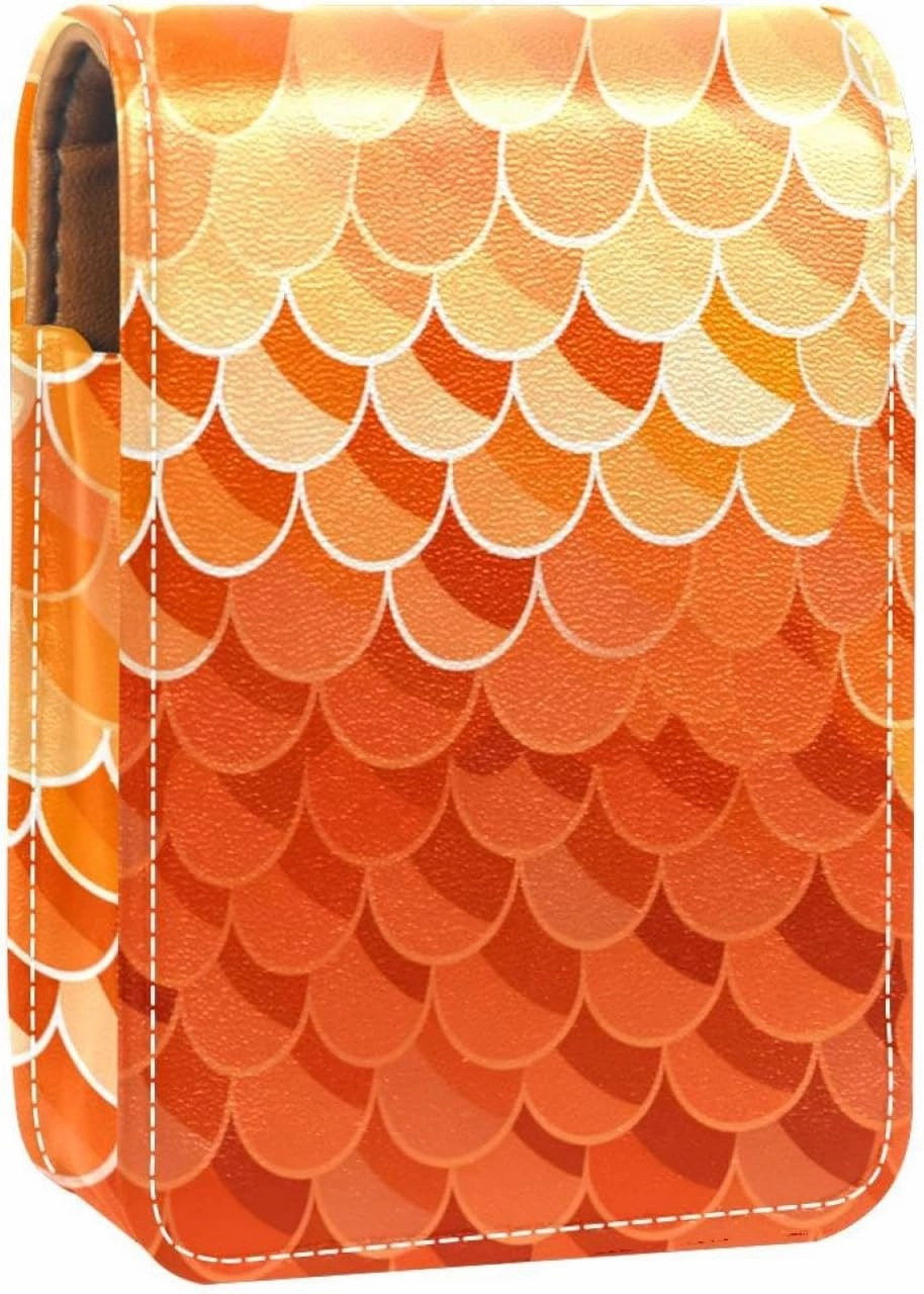 Lipstick Case,Leather Lip Gloss Lipstick Organizer with Mirror,Mini Lipstick Holder Bag,Scale Orange Mermaid Ocean