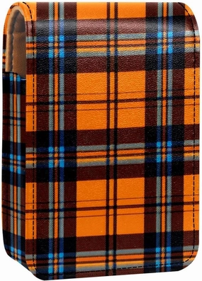 Lipstick Case,Leather Lip Gloss Lipstick Organizer with Mirror,Mini Lipstick Holder Bag,Vintage Fall Orange Plaid