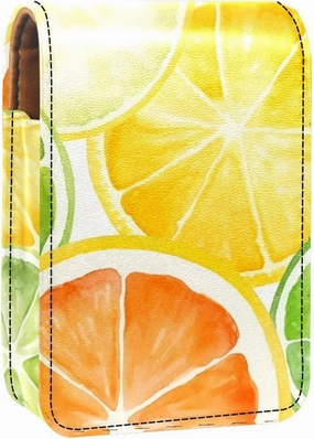 Lipstick Case,Leather Lip Gloss Lipstick Organizer with Mirror,Mini Lipstick Holder Bag,Watercolor Orange and Lemon