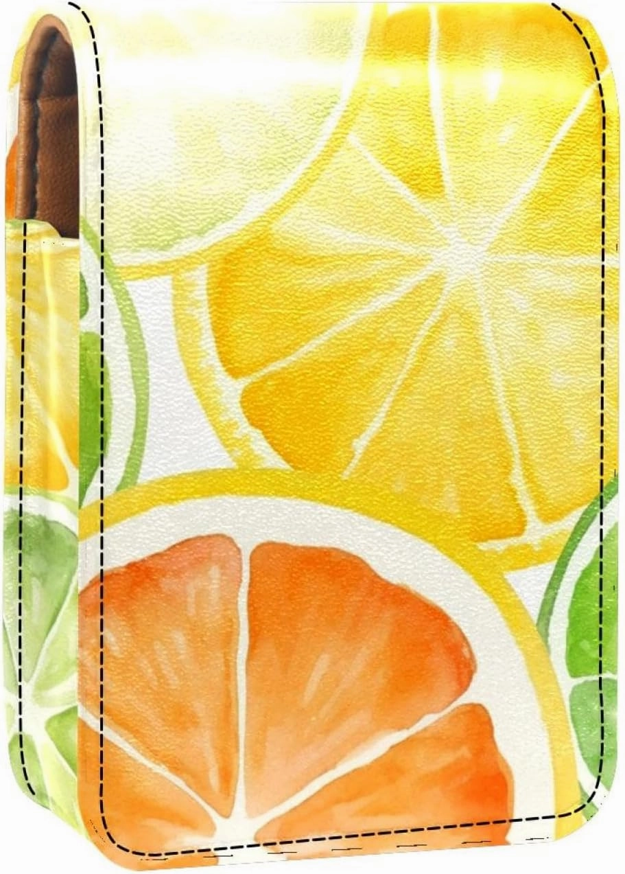 Lipstick Case,Leather Lip Gloss Lipstick Organizer with Mirror,Mini Lipstick Holder Bag,Watercolor Orange and Lemon