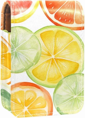 Lipstick Case,Leather Lip Gloss Lipstick Organizer with Mirror,Mini Lipstick Holder Bag,Watercolor Orange and Lemon