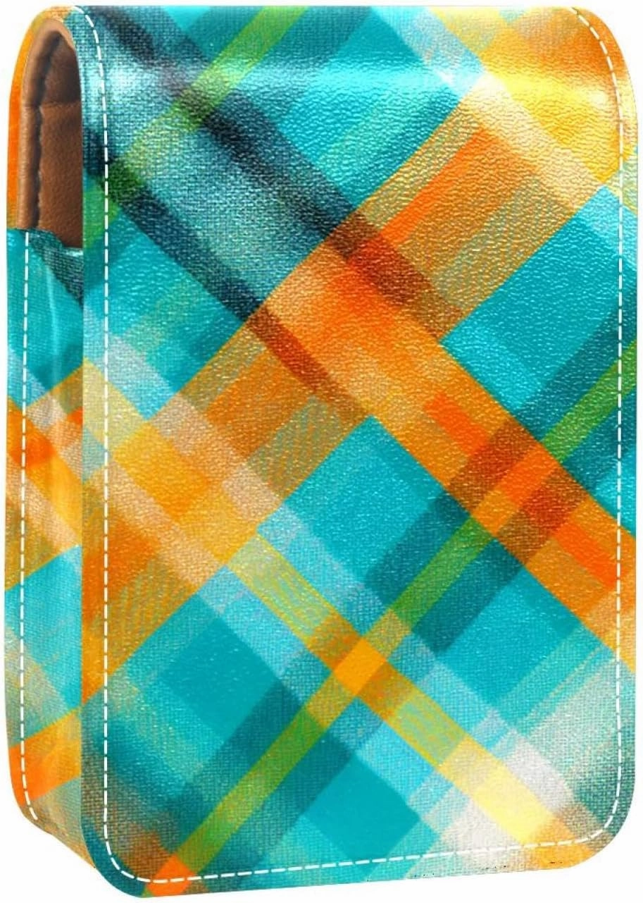 Lipstick Case,Portable Makeup Bag Cosmetic Pouch,Lipstick Holder Makeup Organizer,Blue and Orange Plaid