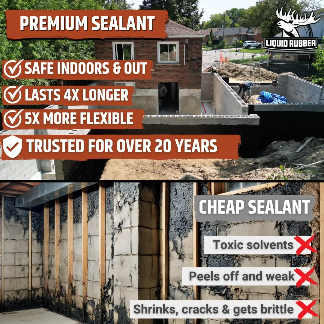 Liquid Rubber Basement and Foundation Repair Sealant - Waterproof Concrete Sealer & Crack Filler - Flexible Coating for Indoor & Outdoor Use - Waterproofing Paint - Black, 5 Gallon