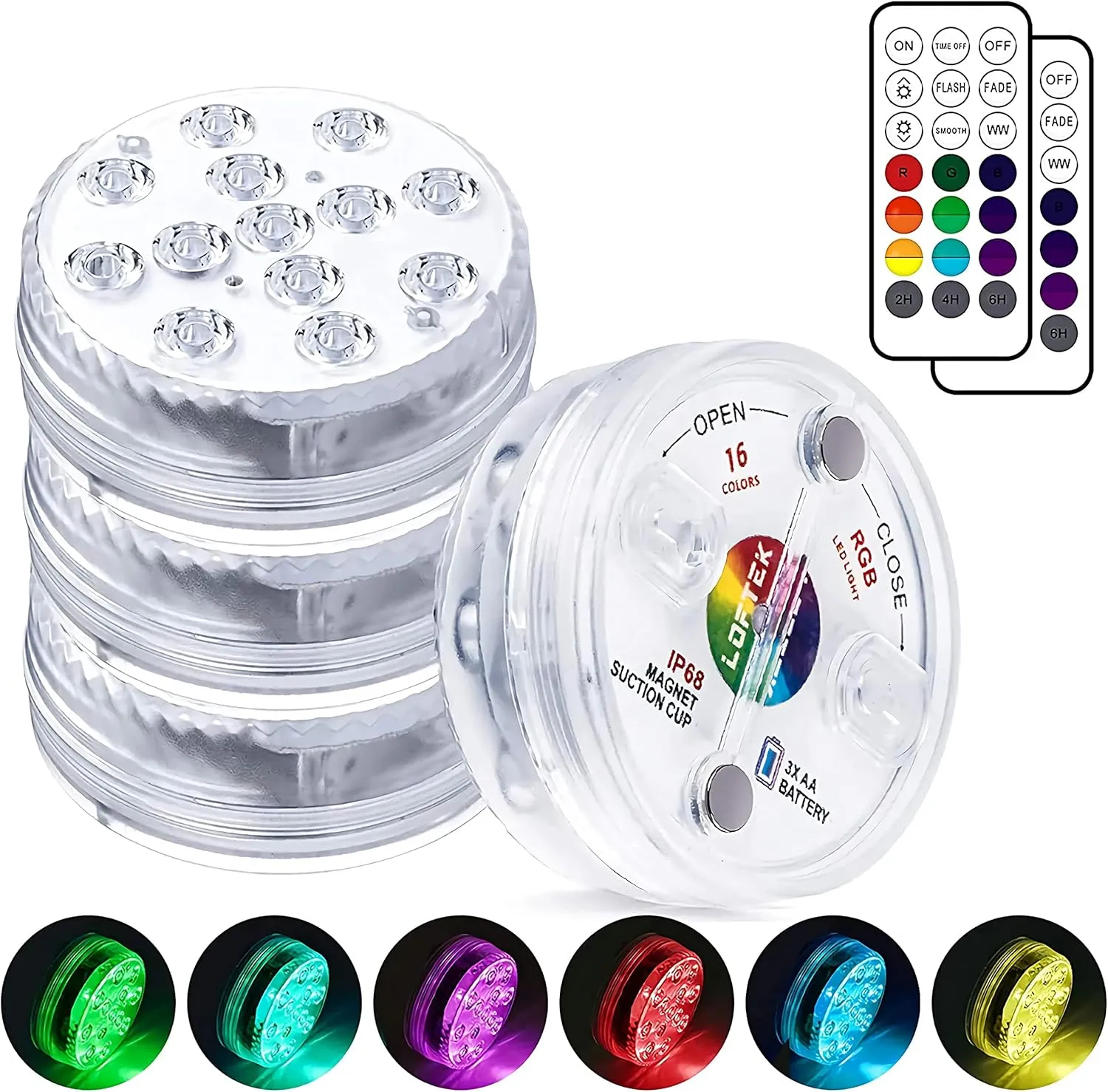 LOFTEK Submersible LED Lights with Remote, 13 LED Pool Lights for Inground Above Ground Pool with Magnets &Suction Cups,16 Color Changing Underwater Light for Ponds Battery Operated (4 Packs)