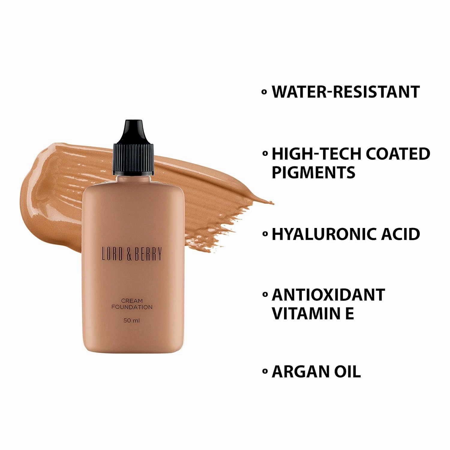 Lord & Berry CREAM FOUNDATION Fluid Foundation, Long Lasting Waterproof Coverage Foundation Enriched With Vitamin E and Argon Oil