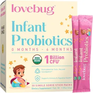 Lovebug Infant Probiotics 0-6 Months - USDA Organic Probiotics for Babies, Supports Baby Gas, Colic, Reflux, Diarrhea and Newborn Constipation Relief, Allergen & Sugar Free, Tasteless Powder, 30 Pack