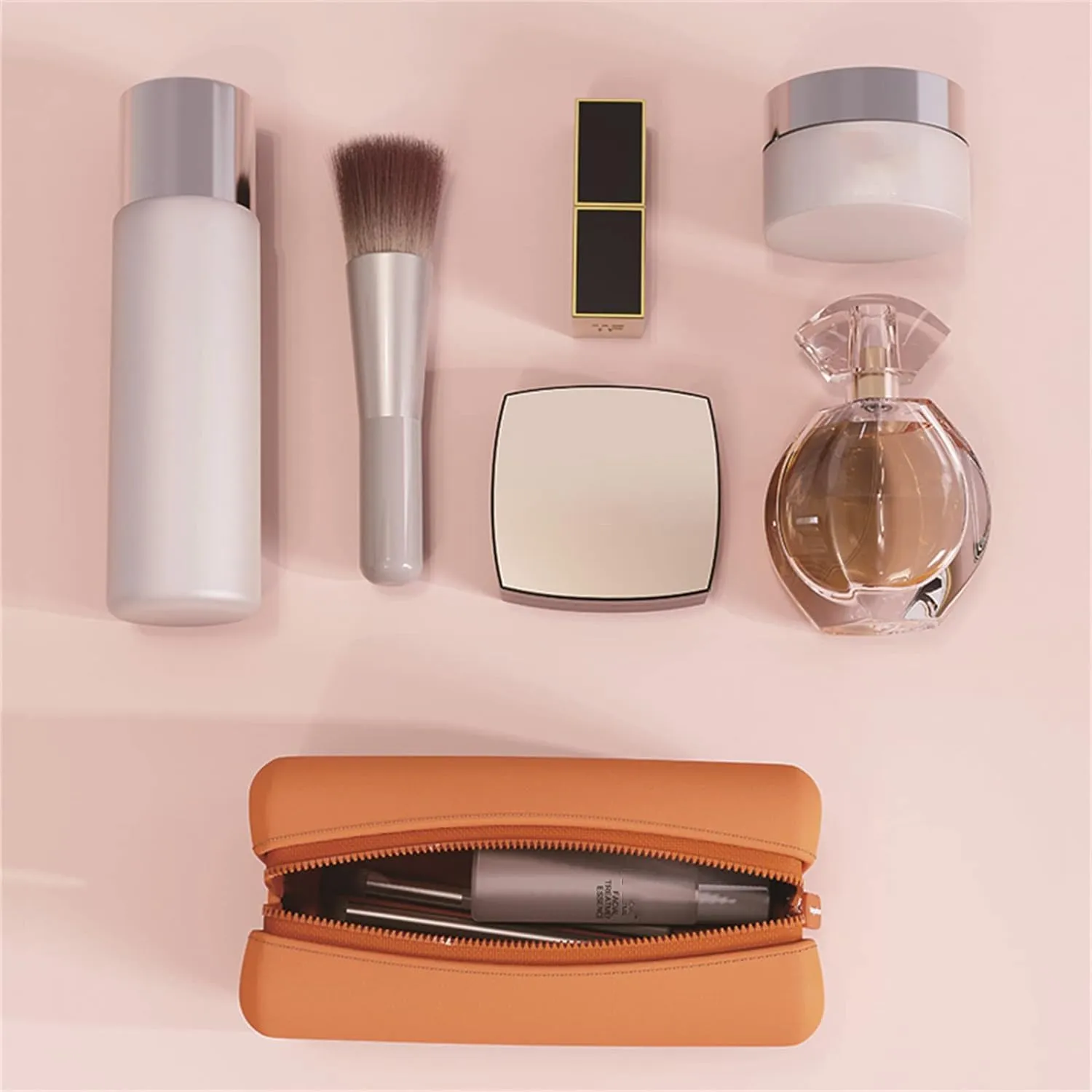 LUCCI Eva Waterproof Cosmetic Bag for Women, Square Toiletry Bag Travel Organizer for Girls, Mini Small Make Up Bag Cosmetic Zipper Pouch, Lipstick Makeup Case Organizer (Brick, Orange)